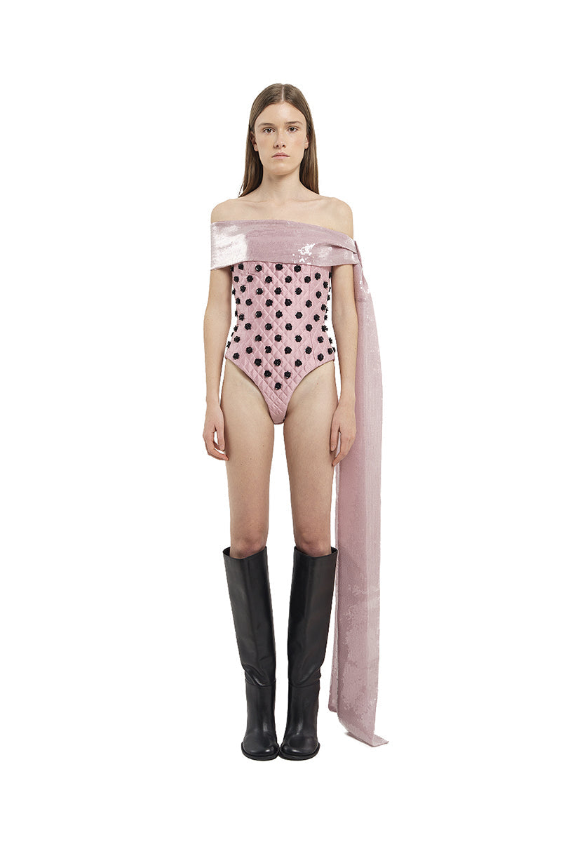 QUILTED BODYSUIT WITH FLOWER EMBROIDERY IN PINK