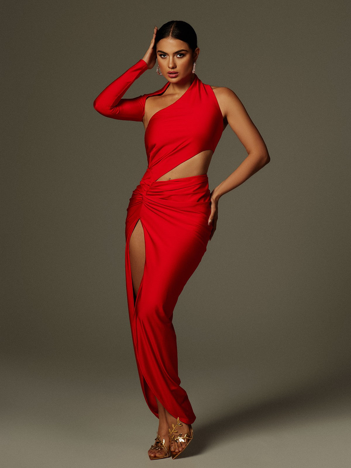 Aislyn One Shoulder Cutout Split Maxi Dress