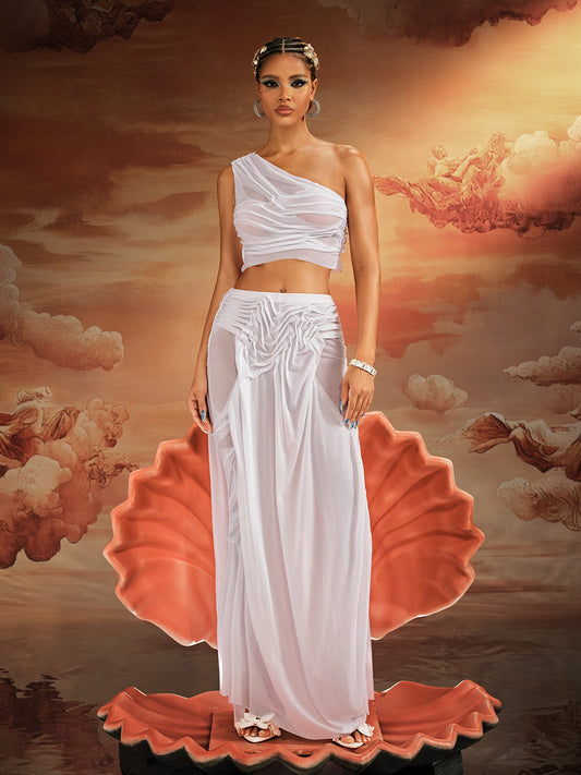 Akiye One Shoulder Ruched Skirt Set In White