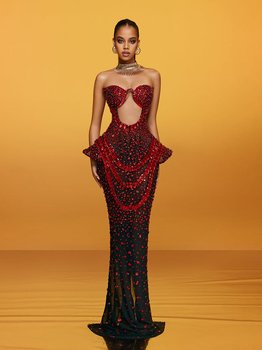 Arygon Strapless Cutout Crystal Maxi Dress