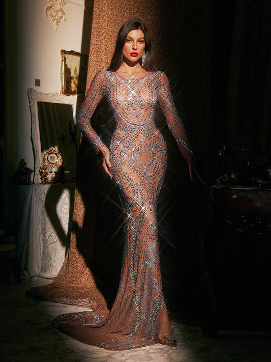Athoril Long Sleeve Crystal Split Maxi Dress
