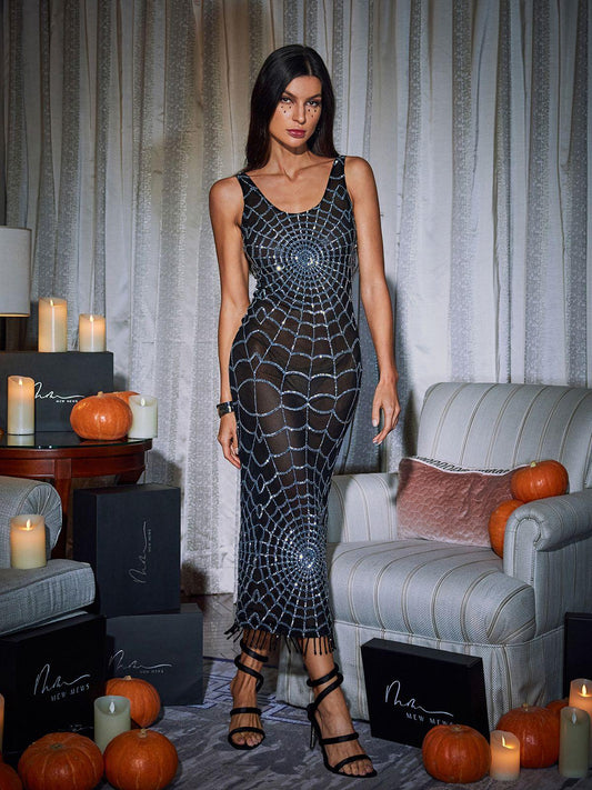 Calyx Scoop Neck Cobweb Sequin Midi Dress In Black