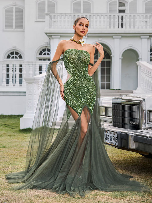 Daelis Off Shoulder Rhinestone Mesh Maxi Dress