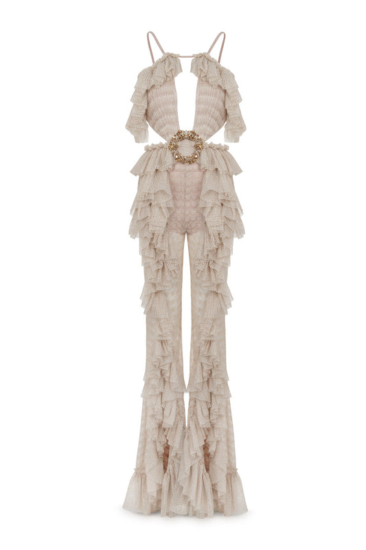 ECRU CUT-OUT DETAILED OPEN KNIT RUFFLE JUMPSUIT