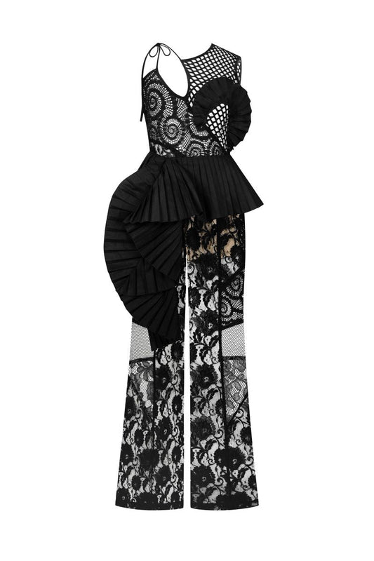 SLEEVELESS LACE MESH FLARED JUMPSUIT