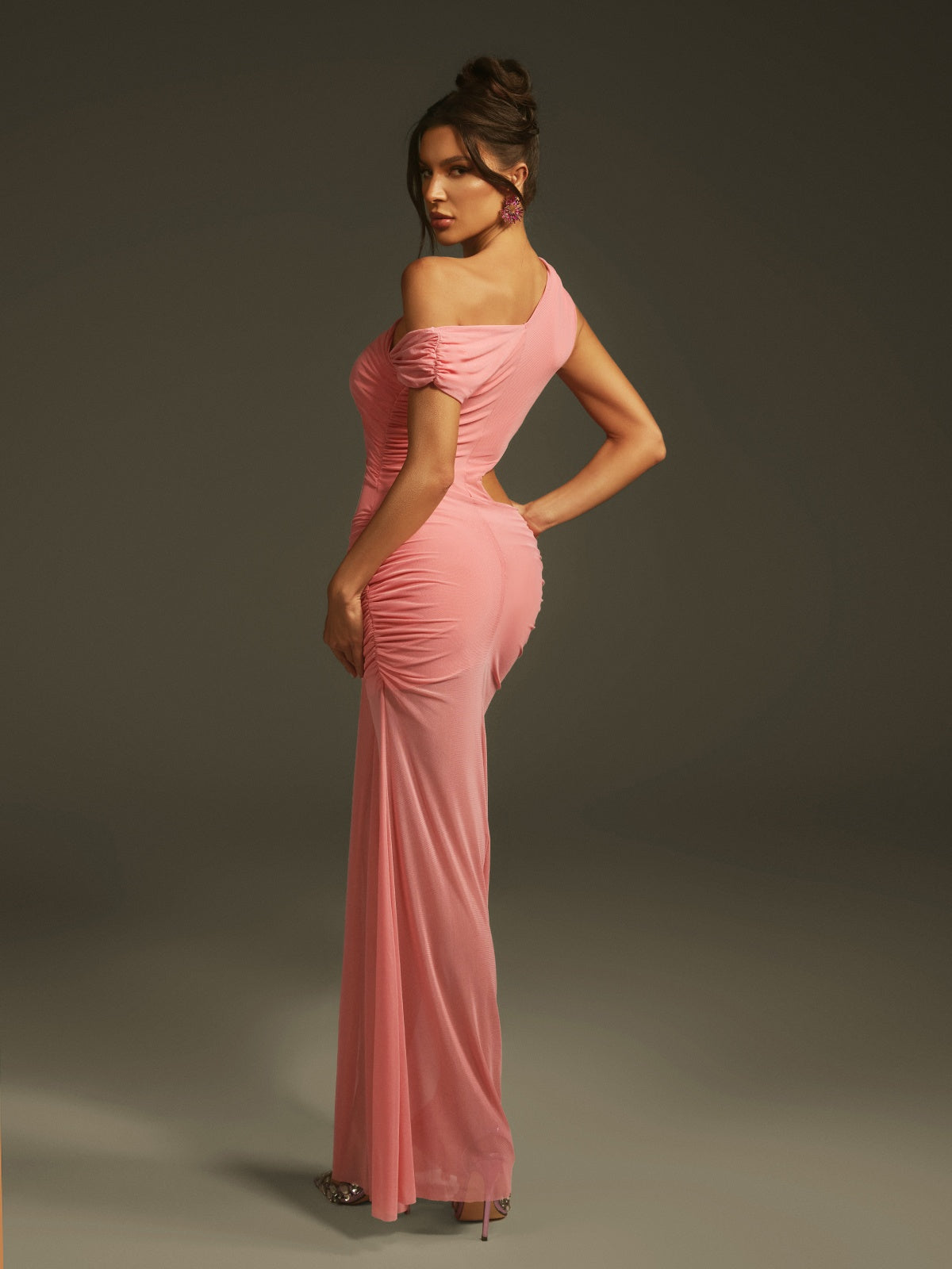 Lakia Cutout Ruched Mesh Maxi Dress