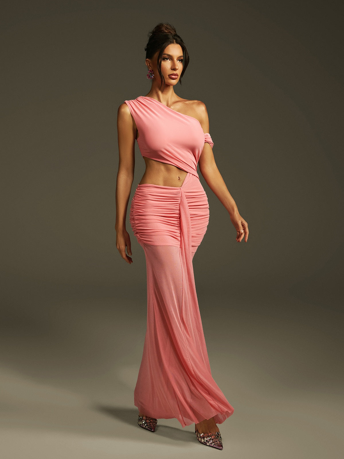 Lakia Cutout Ruched Mesh Maxi Dress