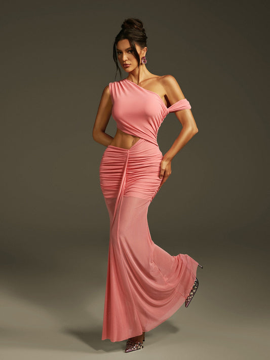 Lakia Cutout Ruched Mesh Maxi Dress