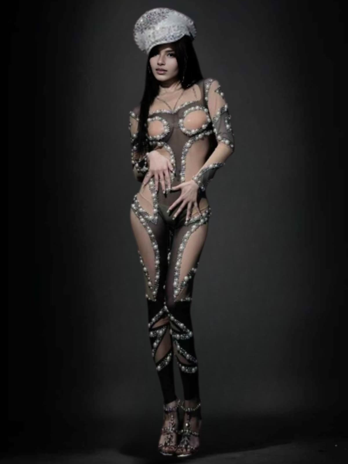 Larisa Long Sleeve Pearl Mesh Jumpsuit