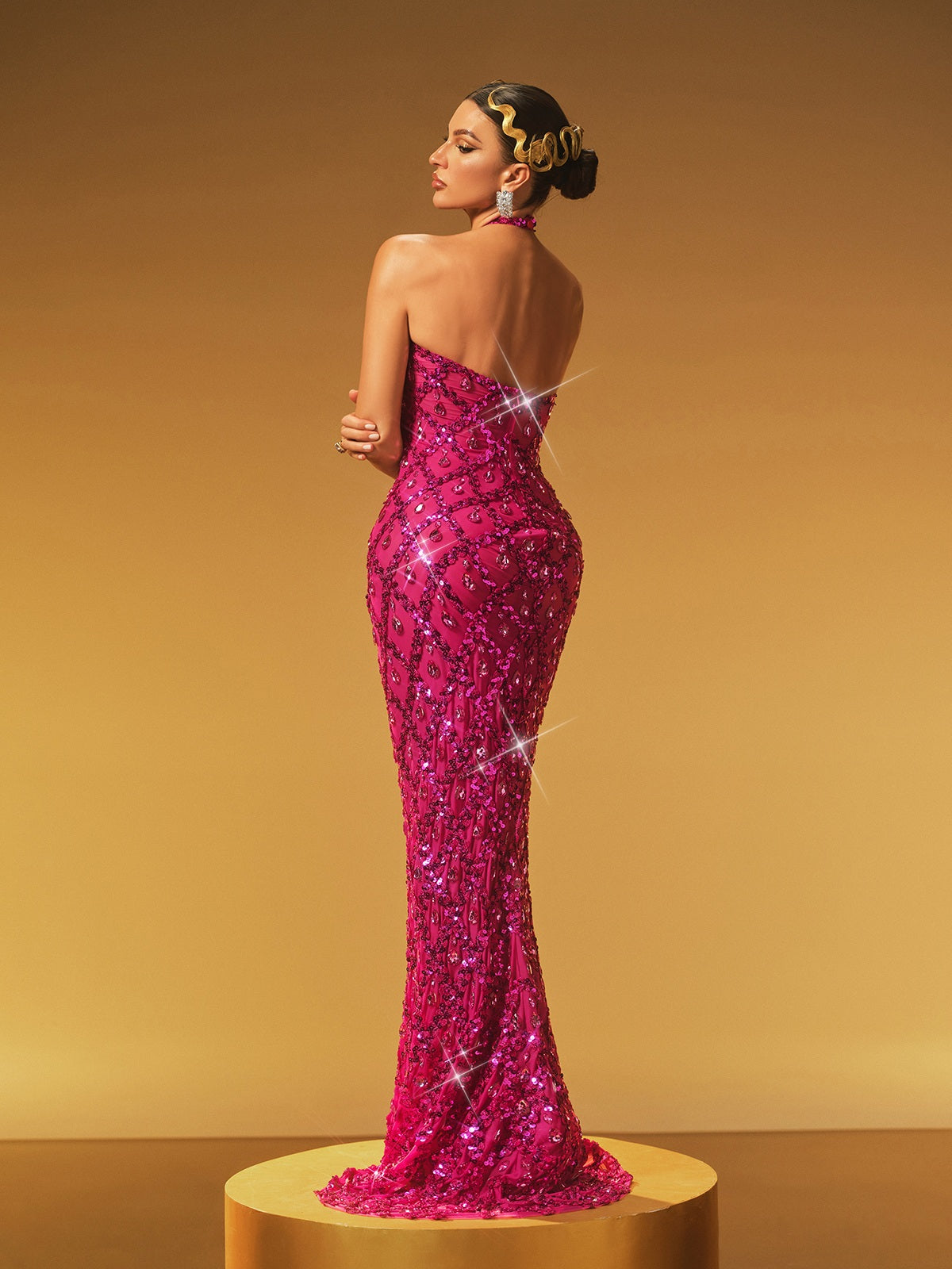 Liora Backless Sequin Crystal Maxi Dress In Hot Pink