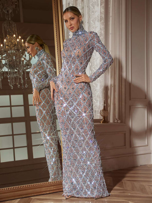 Liora Long Sleeve Sequin Crystal Maxi Dress In Silver