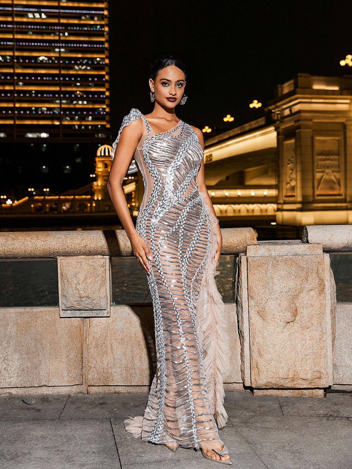 Lyda Draped Cutout Sequin Mesh Dress In Silver