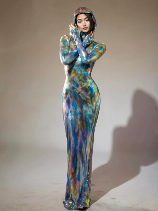 Nebraska Ombre Long Sleeve Hooded Maxi Dress In Blue