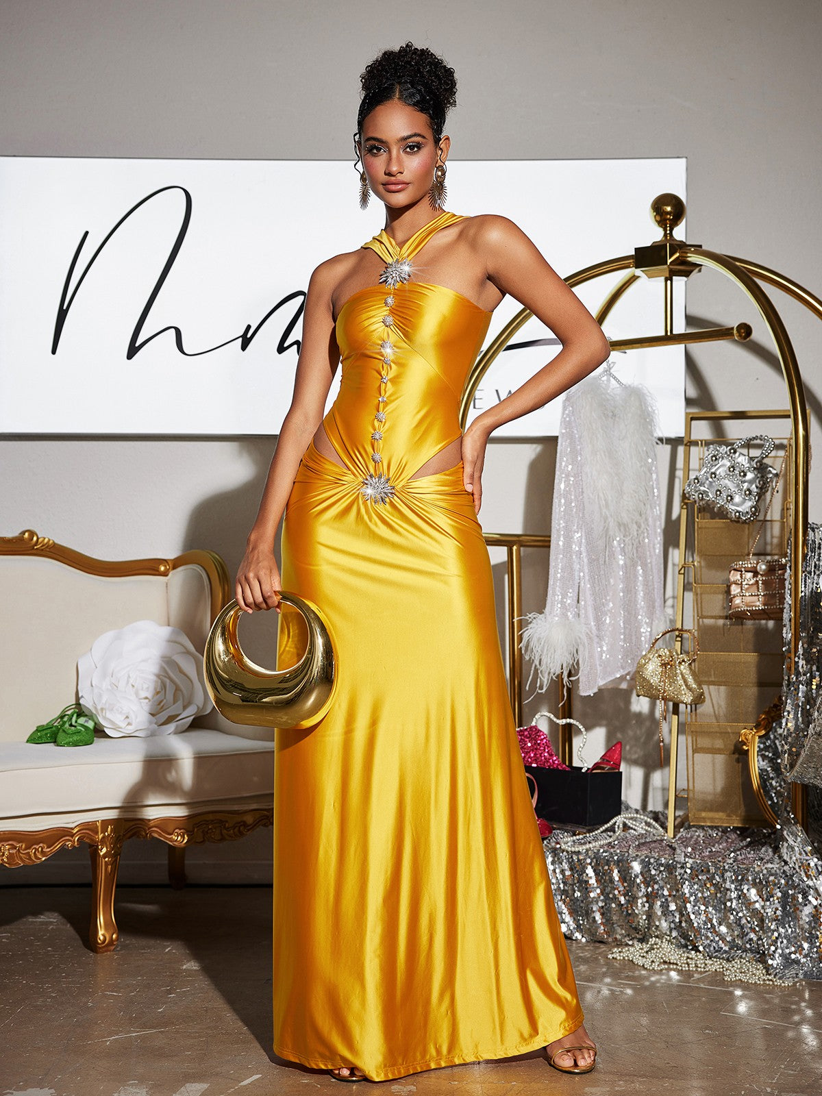 Panya Crystal Cutout Satin Maxi Dress