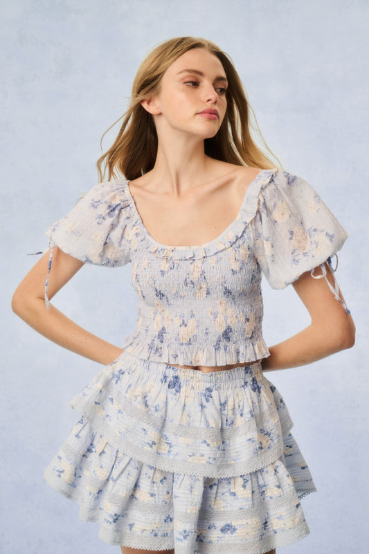 Ruffle Mini Signature Fragrance Print Skirt - WHISPER BLUE