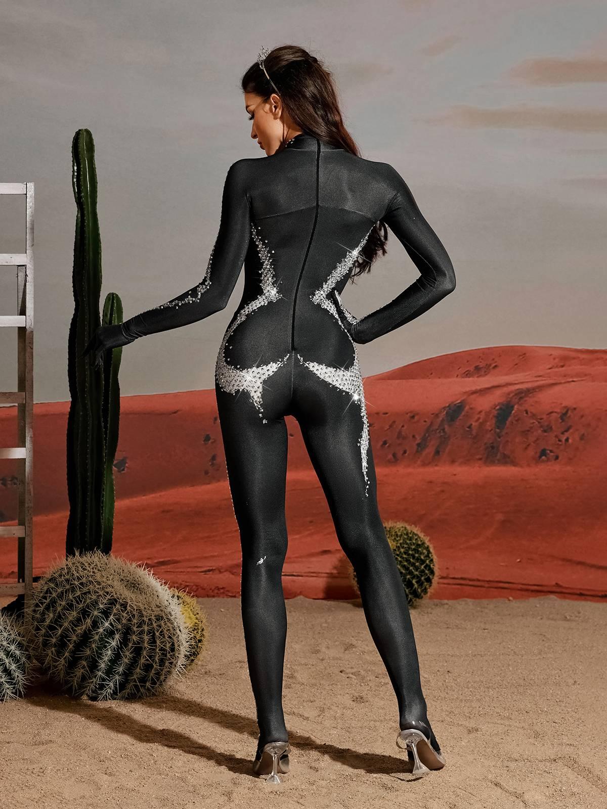 Radek Body Printed Rhinestone Gloves Jumpsuit In Silver