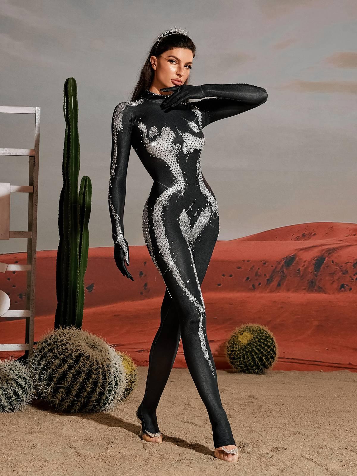 Radek Body Printed Rhinestone Gloves Jumpsuit In Silver