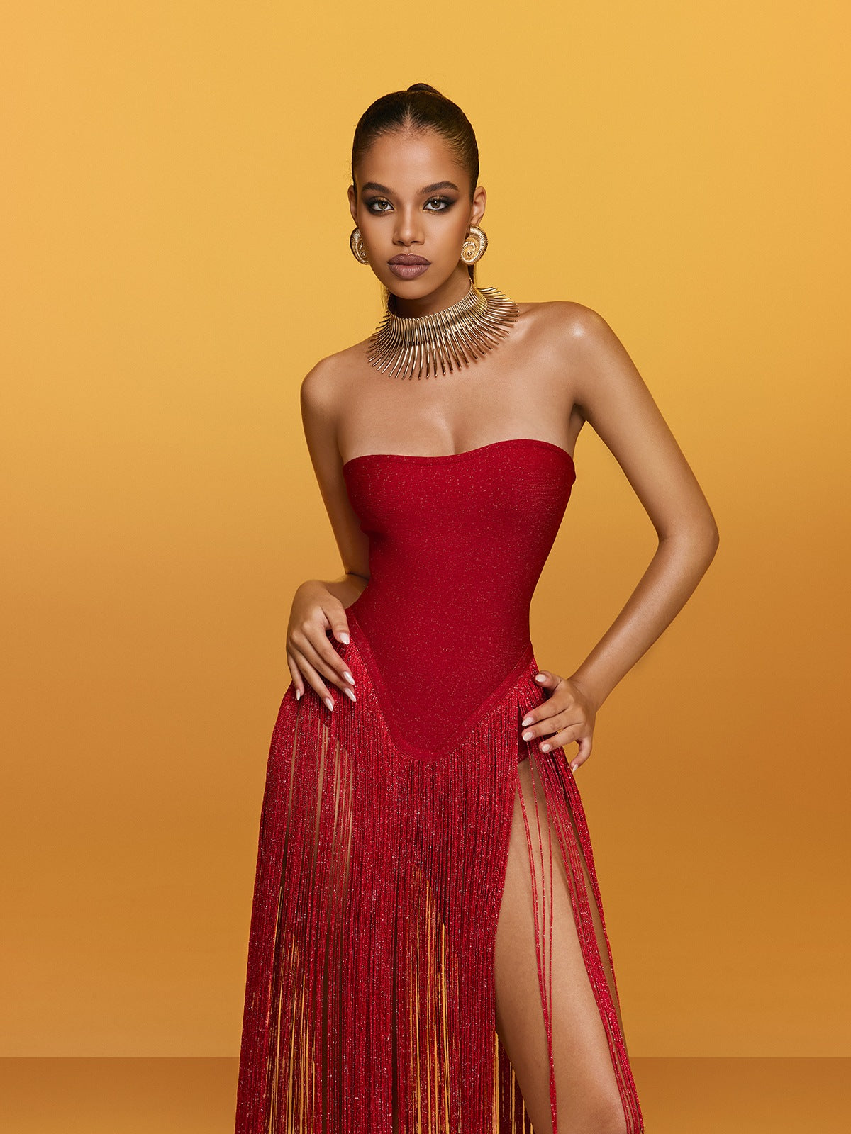 Rendor Strapless Fringe Bandage Maxi Dress