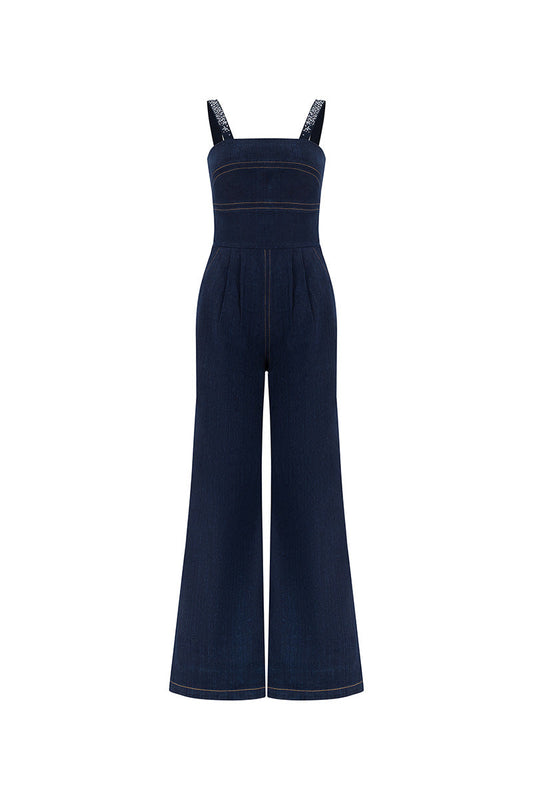 DENIM CRYSTAL-EMBELLISHED JUMPSUIT IN BLUE
