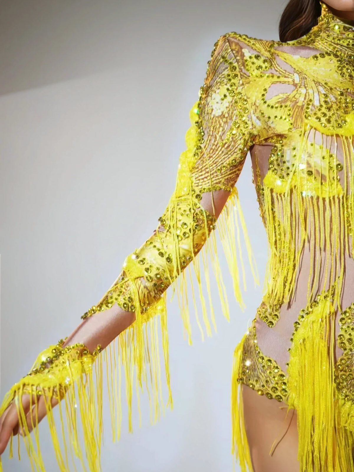 Shatora One Shoulder Rhinestone Fringe Bodysuit In Yellow