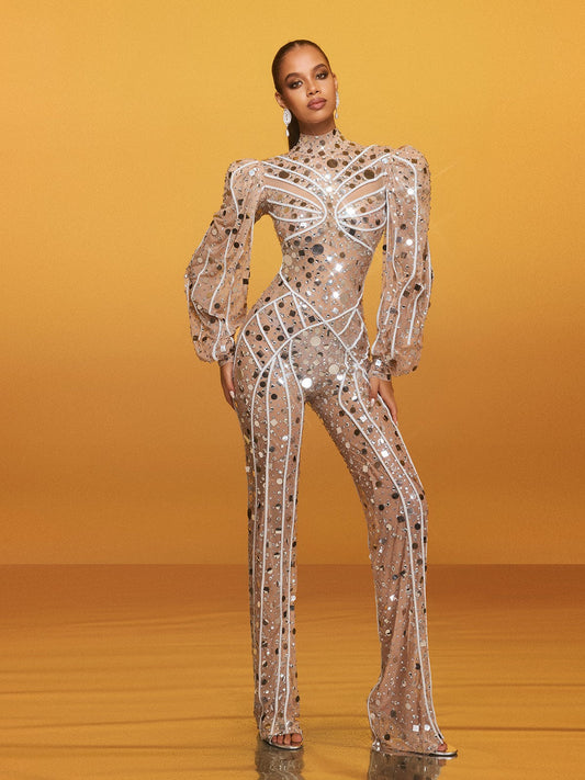 Zylar Long Sleeve Embellished Jumpsuit In Nude