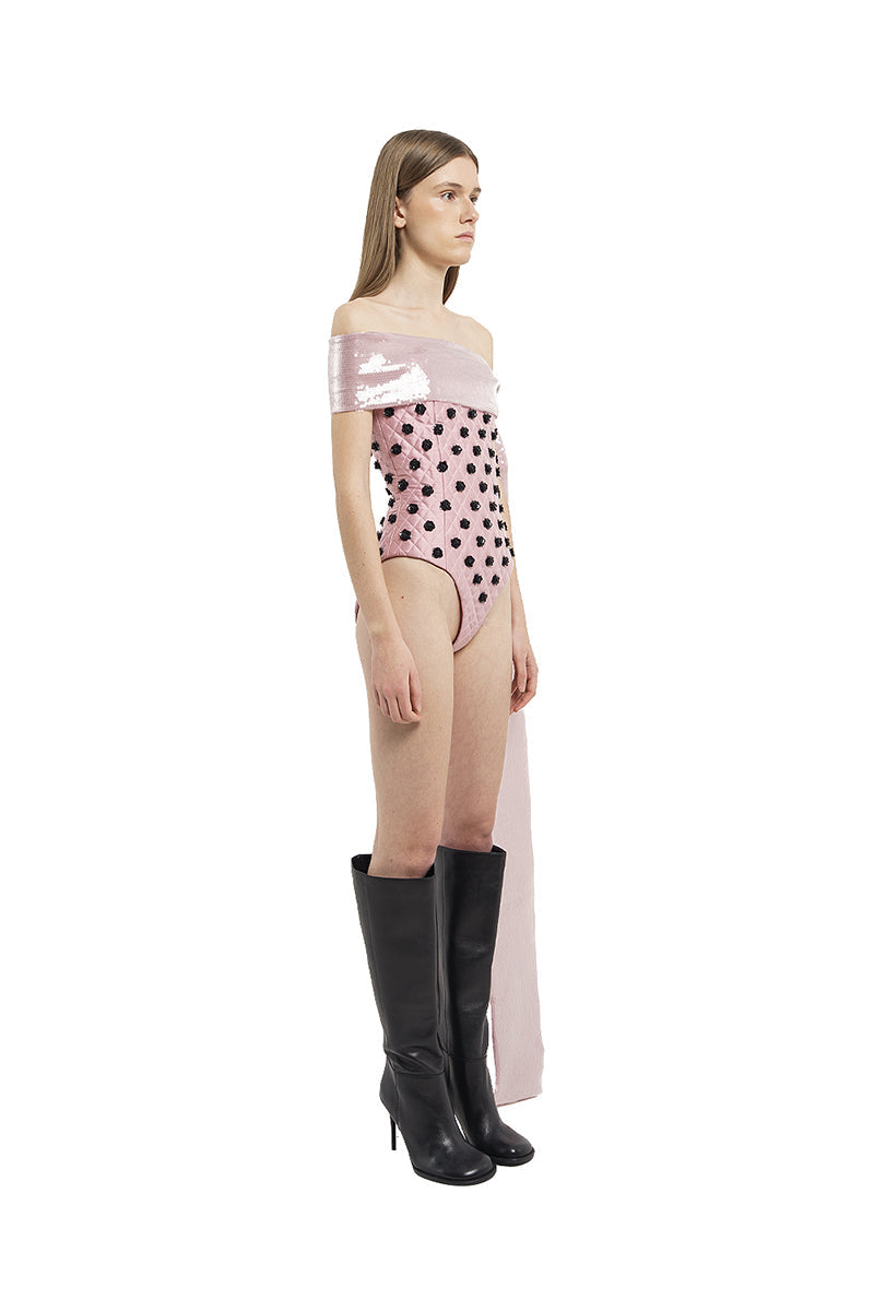 QUILTED BODYSUIT WITH FLOWER EMBROIDERY IN PINK