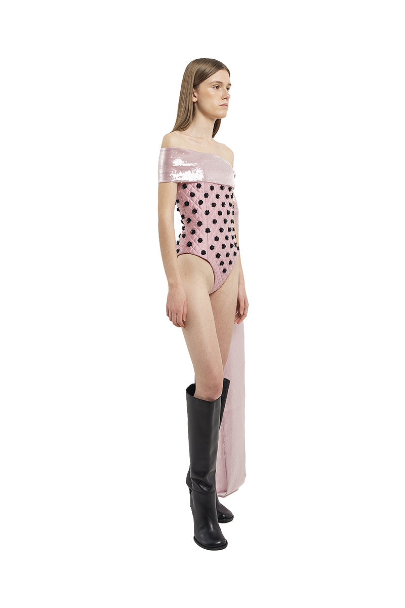QUILTED BODYSUIT WITH FLOWER EMBROIDERY IN PINK
