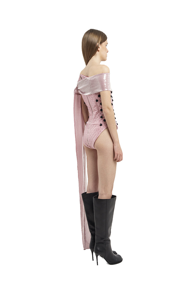 QUILTED BODYSUIT WITH FLOWER EMBROIDERY IN PINK