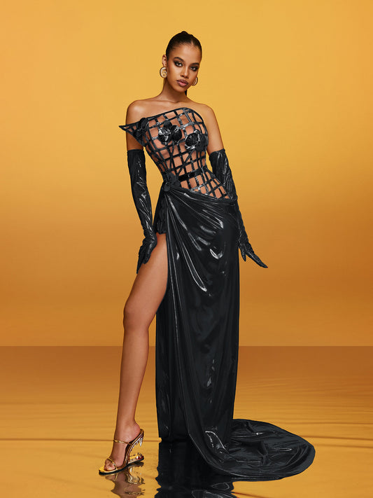 Aethon Strapless Metallic Flower Maxi Dress In Black