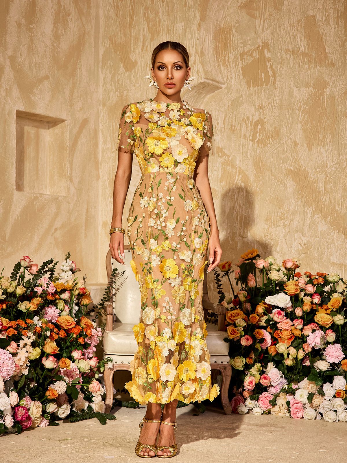 Alirio Embroidered Flower Midi Dress