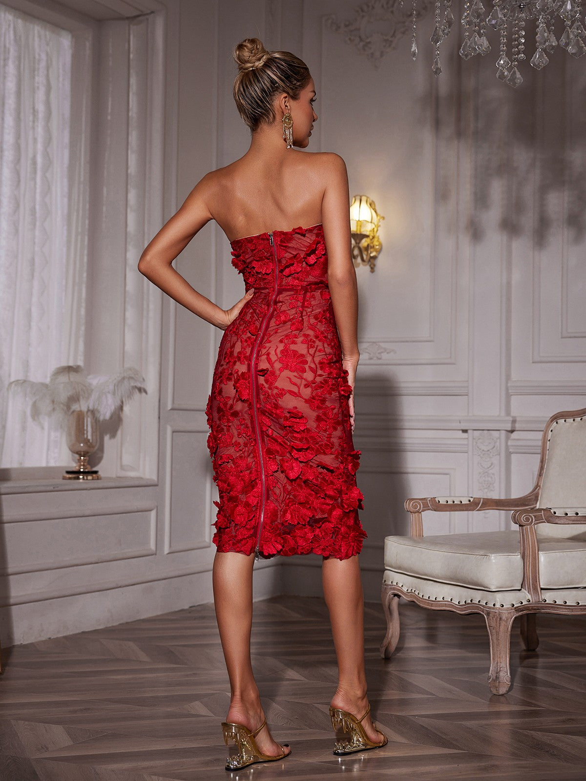Avital Strapless Flower Midi Dress In Red
