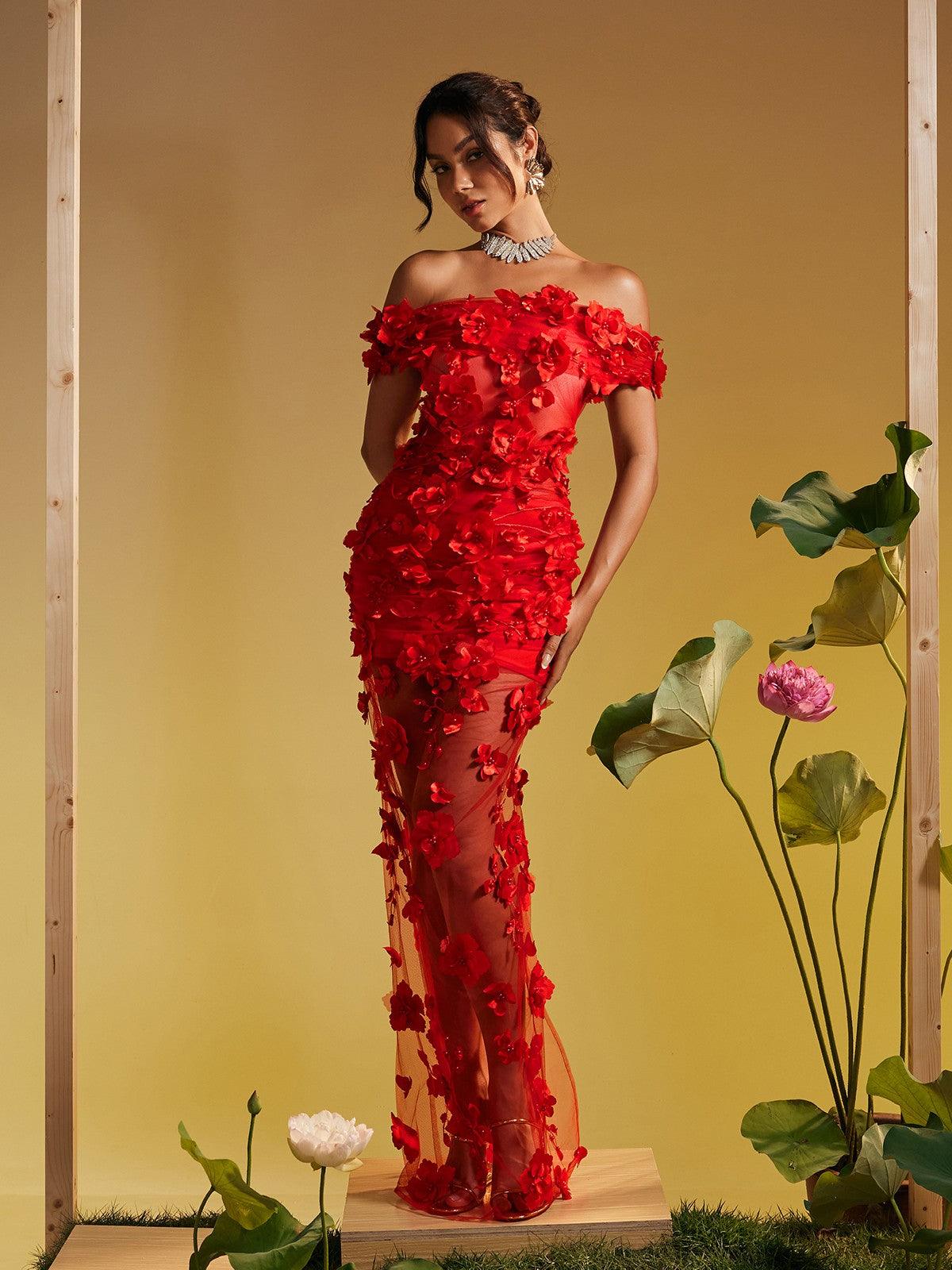 Azizi Off Shoulder Flower Mesh Maxi Dress