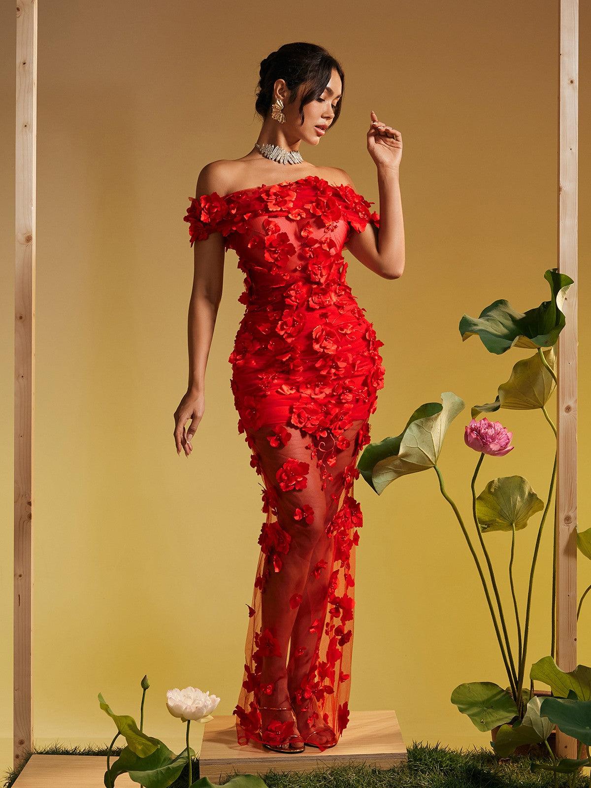 Azizi Off Shoulder Flower Mesh Maxi Dress