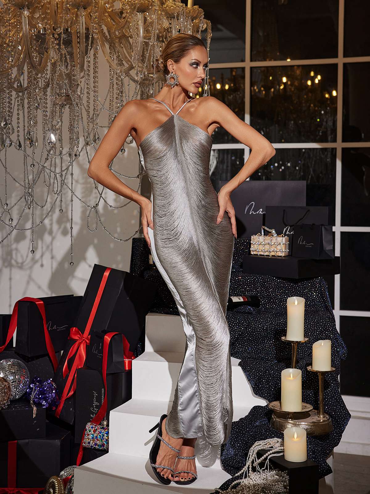 Bluma Halterneck Fringe Maxi Dress In Grey