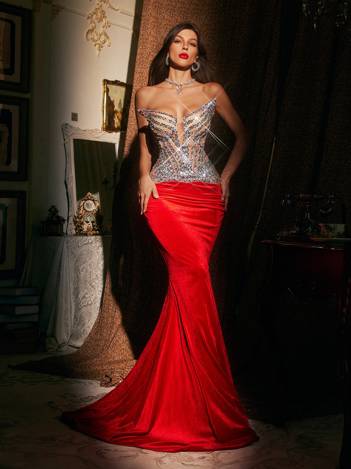 Brazmir Strapless Sequin Ruched Mermaid Maxi Dress