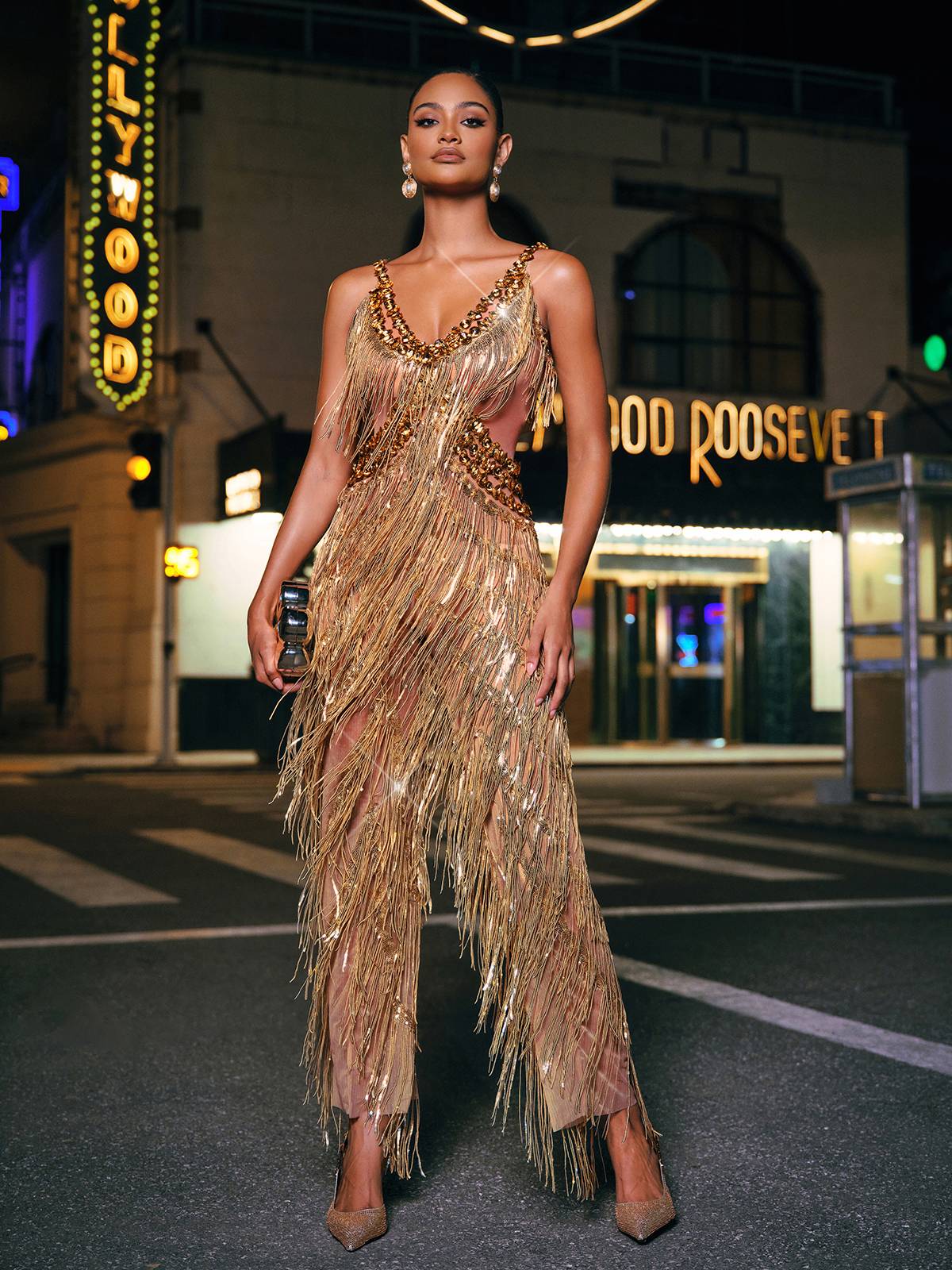 Charnita V Neck Rhinestone Fringe Jumpsuit