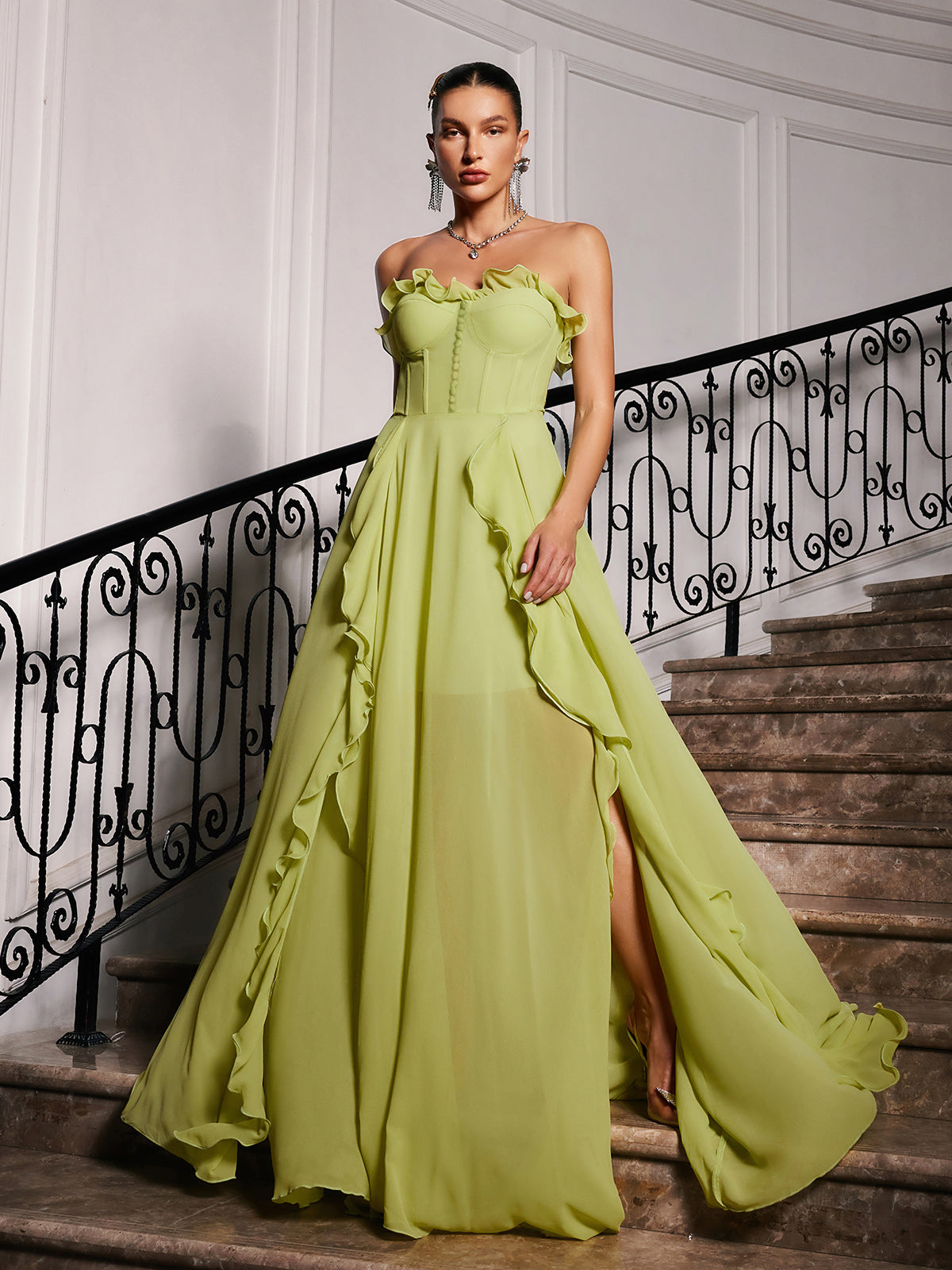 Craven Strapless Ruched Mesh Maxi Dress