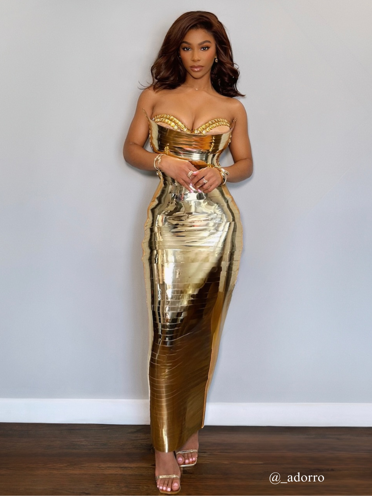 Eadward Strapless Metallic Midi Dress In Gold