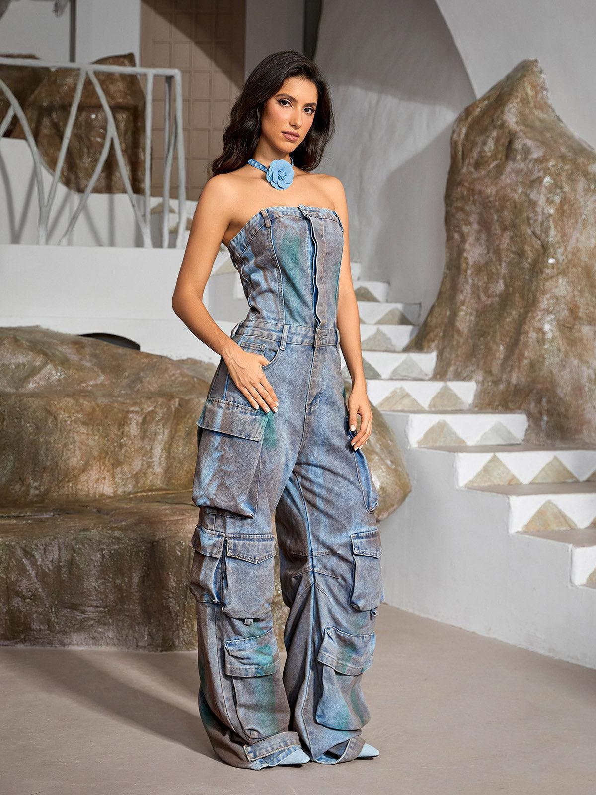 Eden Strapless Pocket Denim Jumpsuit In Green