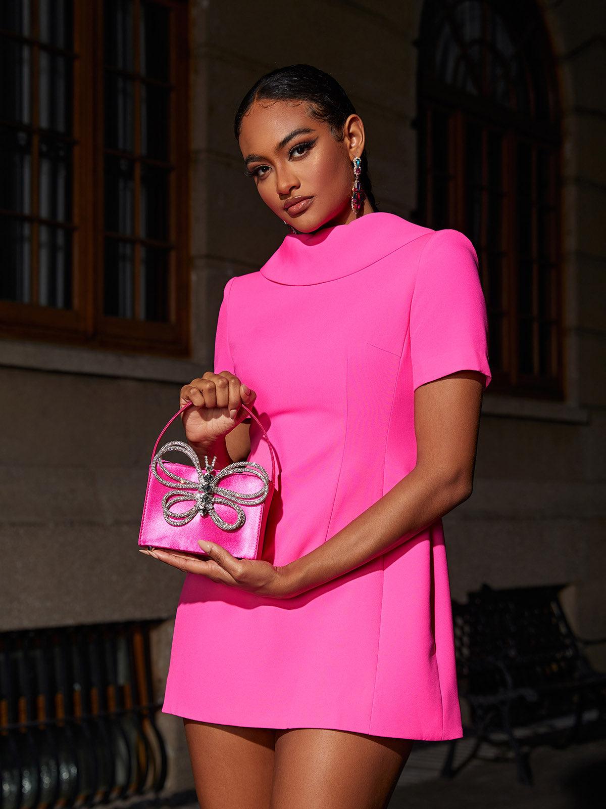 Florrie Short Sleeve Bow Mini Dress In Hot Pink