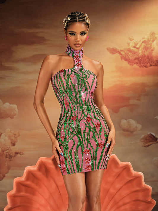 Jannik Halterneck Embellished Mesh Mini Dress