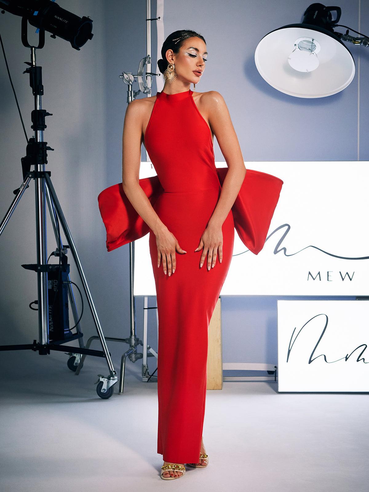 Milada Bow Bandage Split Dress In Red