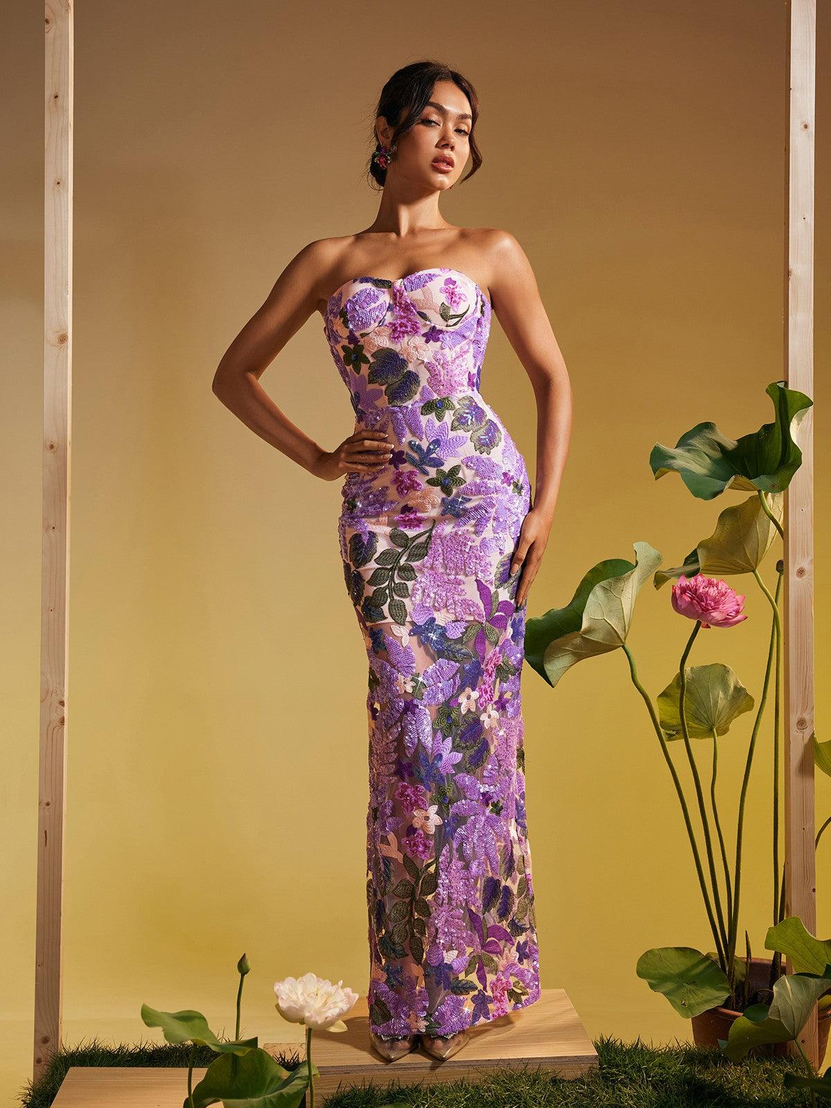 Nakoa Strapless Sequin Embroidered Maxi Dress In Purple