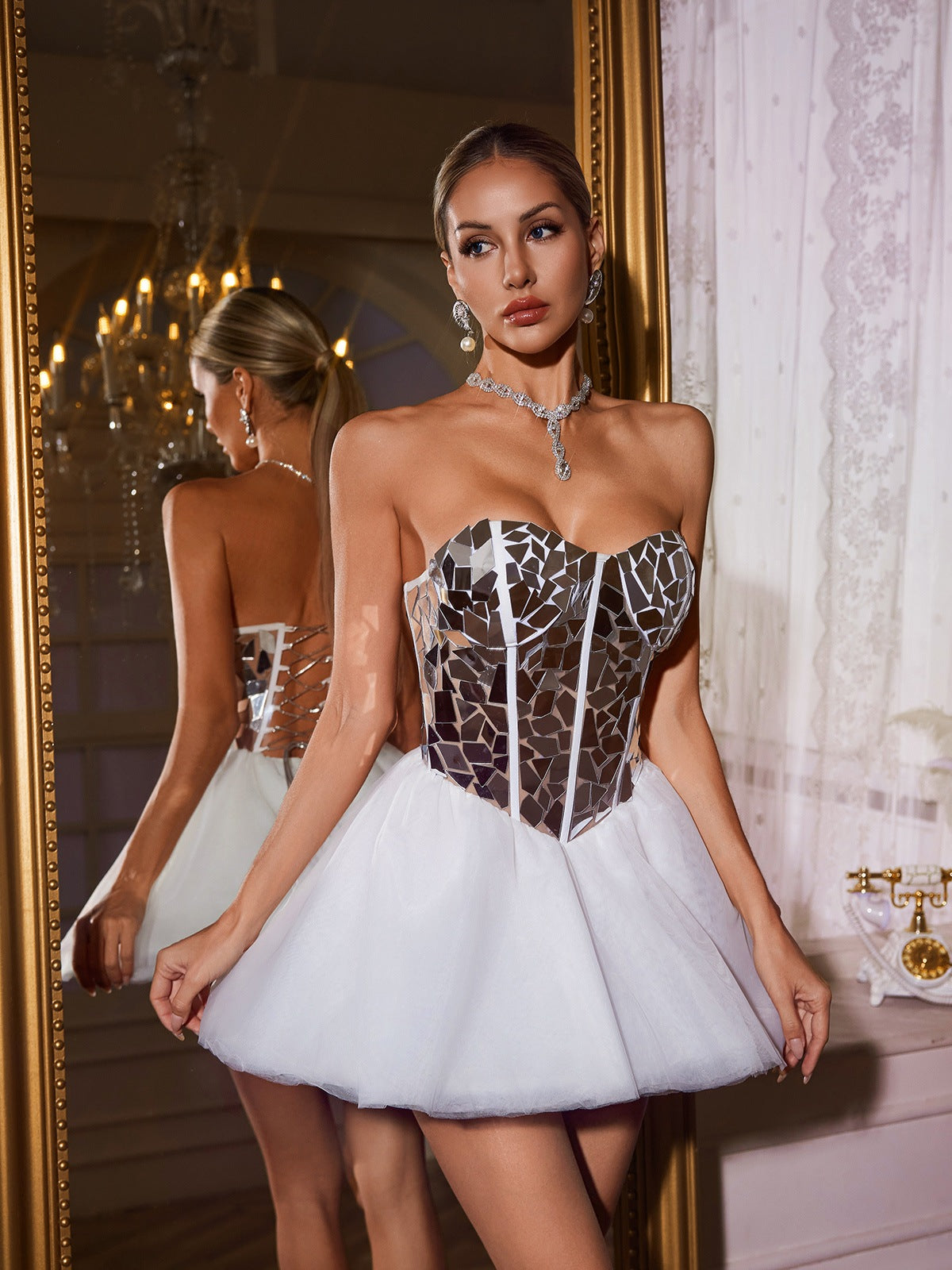 Qaeltrix Strapless Acrylic Mini Dress