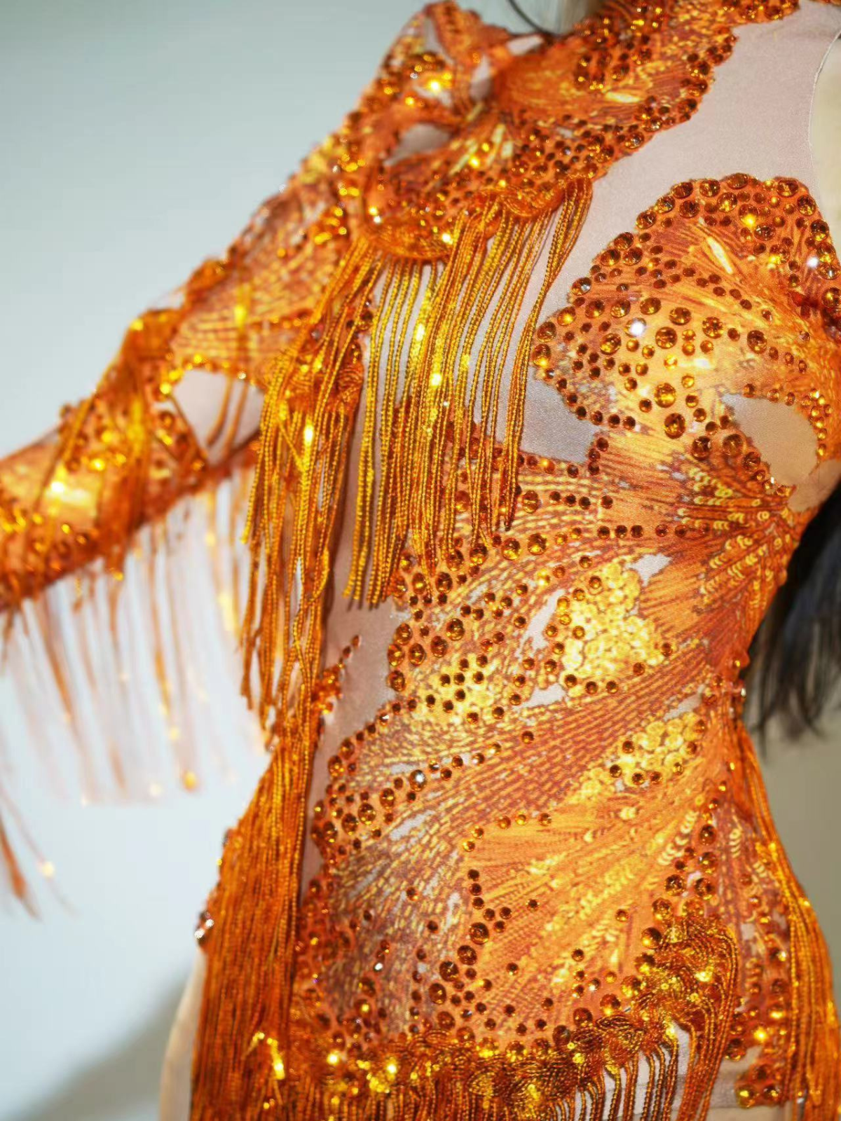 Shatora One Shoulder Rhinestone Fringe Bodysuit In Orange