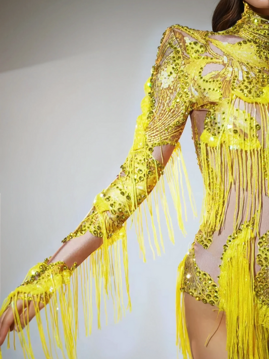 Shatora One Shoulder Rhinestone Fringe Bodysuit In Yellow
