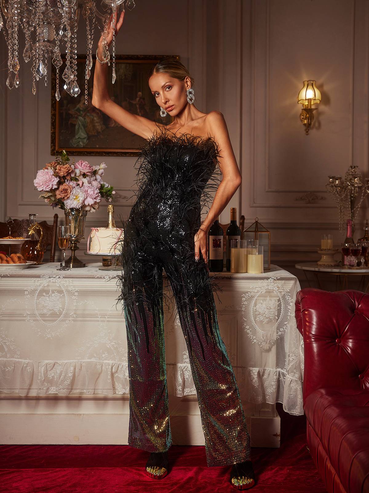 Shiva Ombre Feather Sequin Jumpsuit