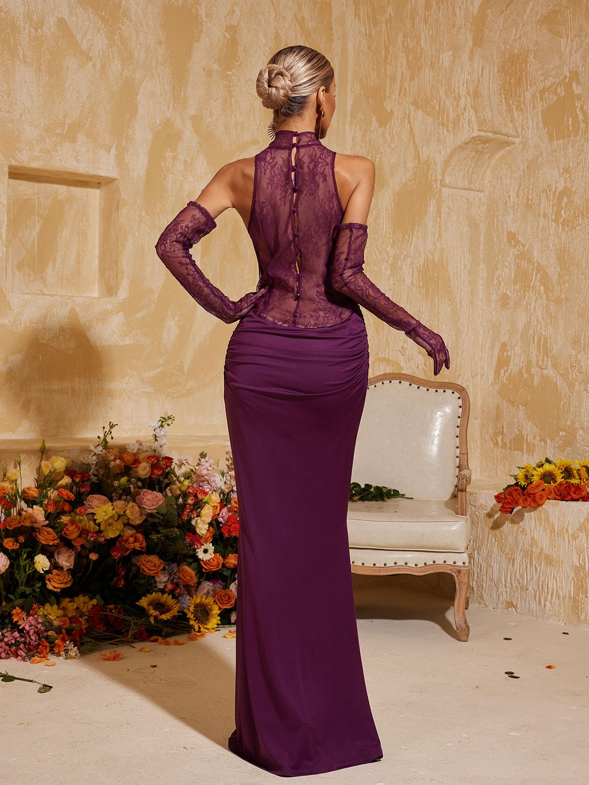 Tenley Halterneck Lace Maxi Dress With Gloves