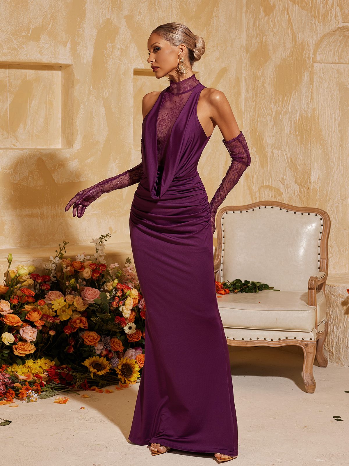Tenley Halterneck Lace Maxi Dress With Gloves