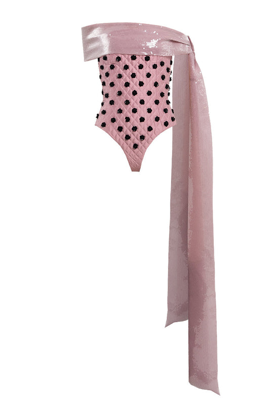QUILTED BODYSUIT WITH FLOWER EMBROIDERY IN PINK